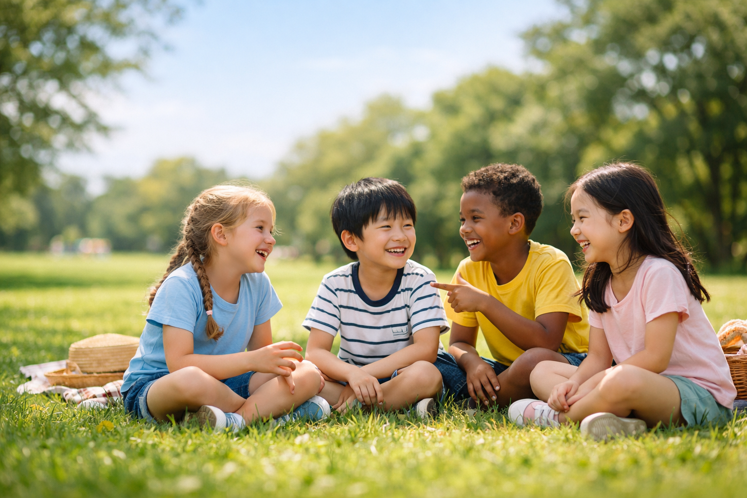 芝生の上で楽しそうに会話する4人の子どもたち